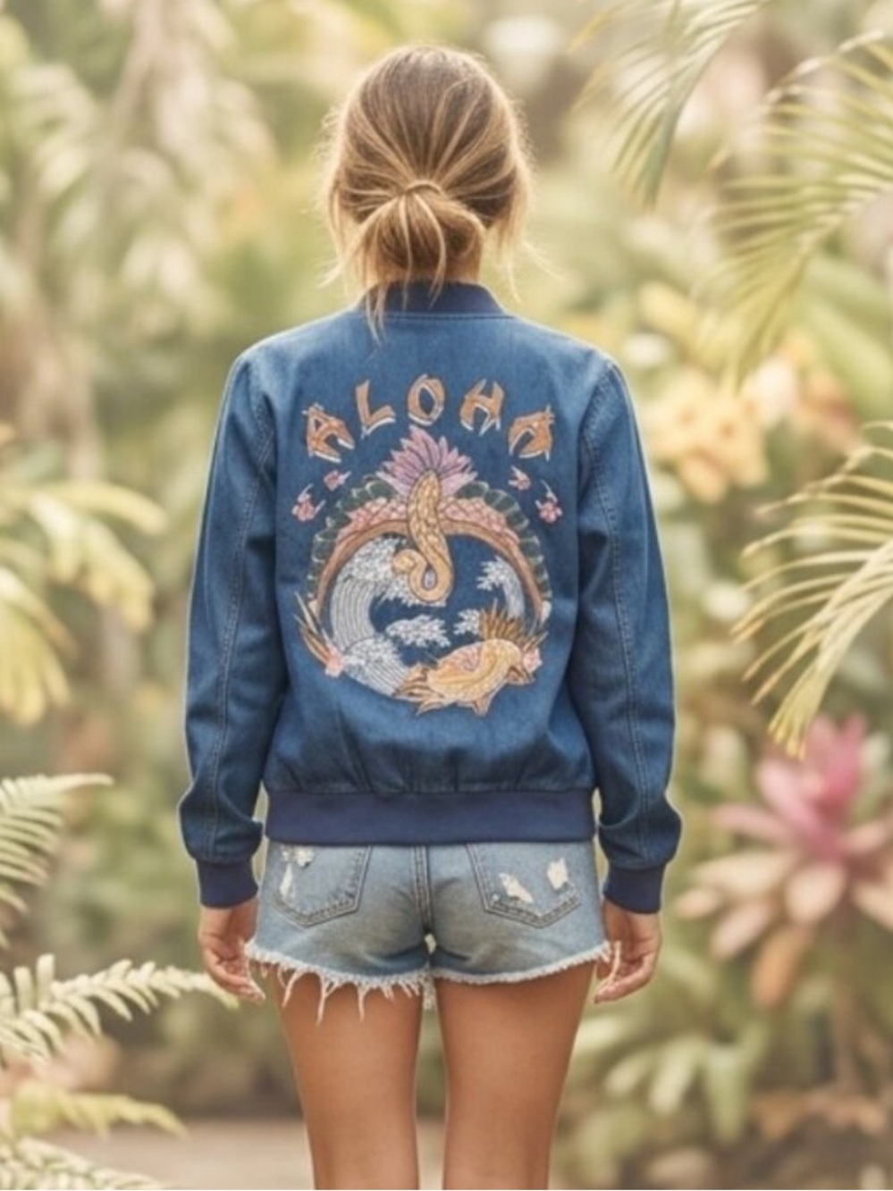 O'NEILL Aloha Bomber Demin Jacket Back Embroidered Dark Wash Women's Medium
